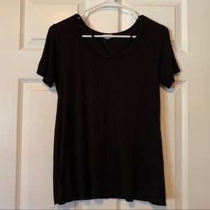 Black tee shirt with criss-cross neck detail